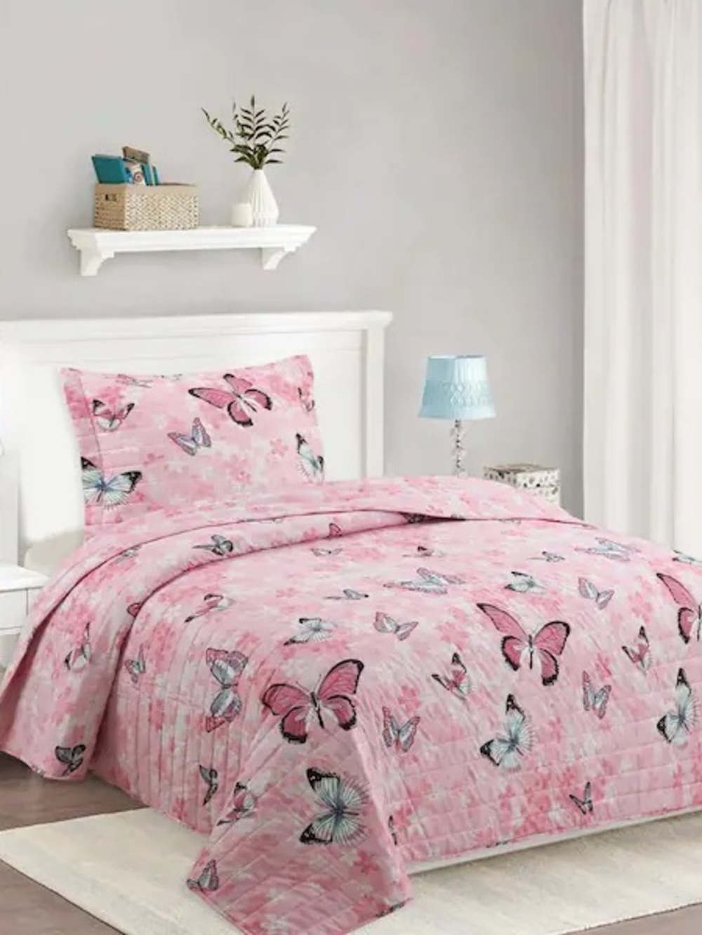 Pink Butterfly Twin 2 piece Quilt Set